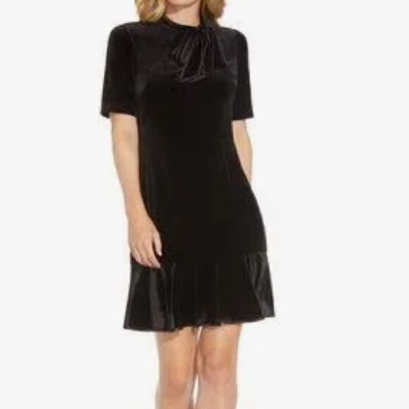 NWT Adrianna Papell Tie Neck Velvet Dress in Black - Picture 1 of 6